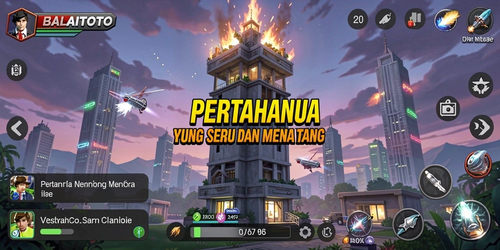 Tampilan gameplay <strong>BALAITOTO</strong> saat pertahanan menara sedang beraksi.