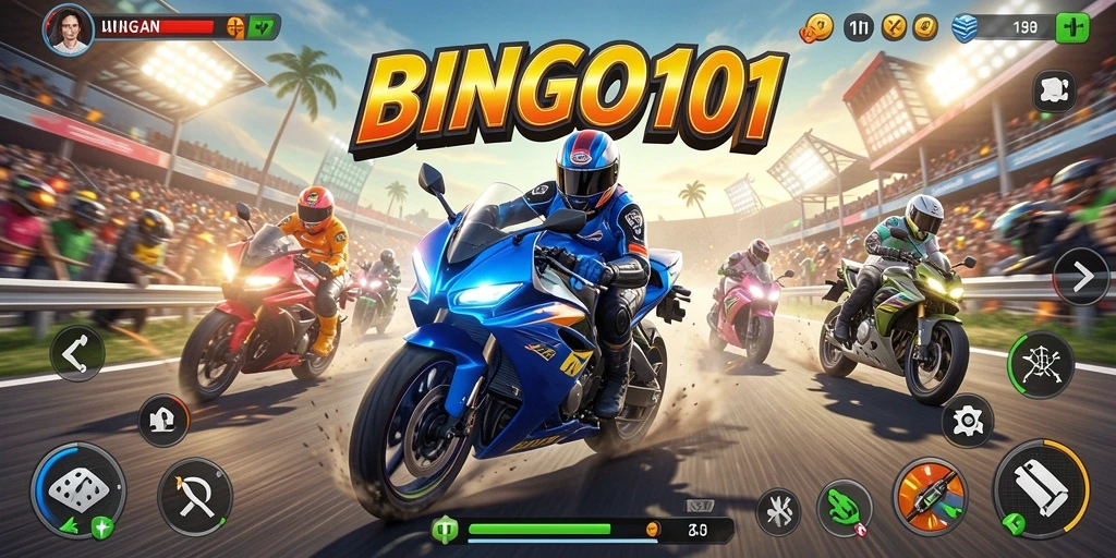 Screenshot BINGO101 menampilkan aksi balapan motor yang seru.