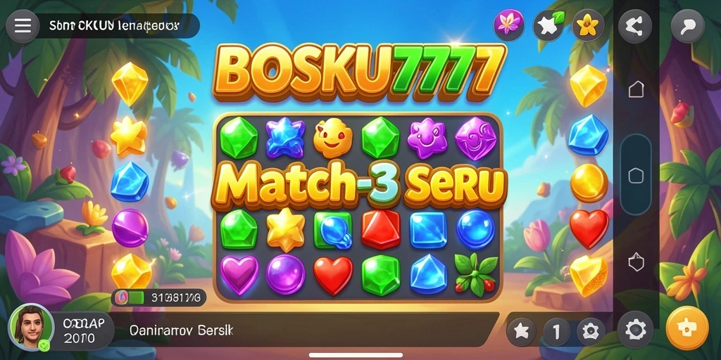 Screenshot BOSKU777 menampilkan gameplay seru Match-3 penuh warna.