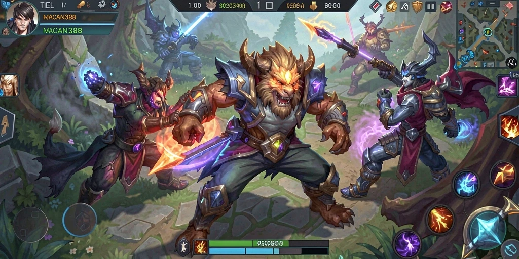 Tampilan gameplay seru di MOBA MACAN388 dengan aksi bertarung yang intens.