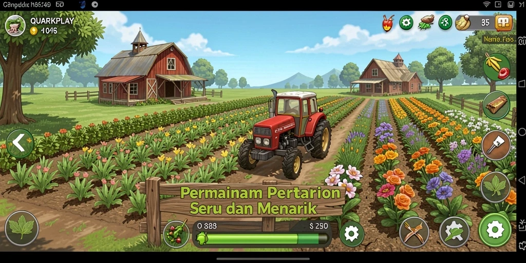 Screenshot gameplay <strong>QUARKPLAY</strong> yang menampilkan suasana pertanian yang indah.