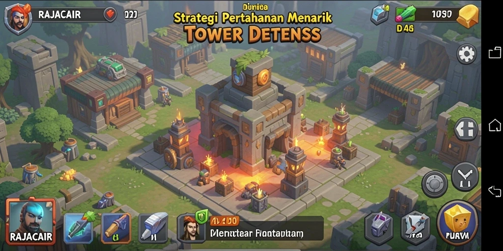Tampilan menarik menara dan musuh di gameplay Tower Defense.