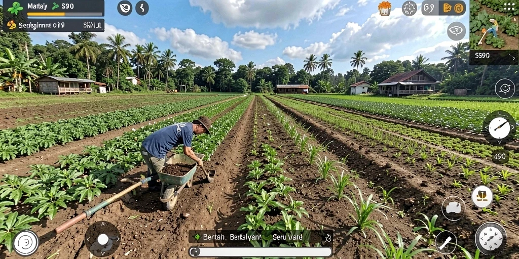 Screenshot utama S80 menampilkan aktivitas bertani yang menarik.